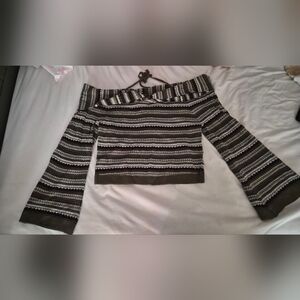 Striped Off-the-Shoulder Bell Sleeve Sweater - Thorn & Fable